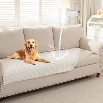 Housse de canapé imperméable pour chiens, housses de canapé pour animaux de compagnie antidérapantes pour canapé, housse de canapé en fausse fourrure douce, protecteur de meuble lavable pour 3 coussins (blanc cassé, 35 po x 74 po)