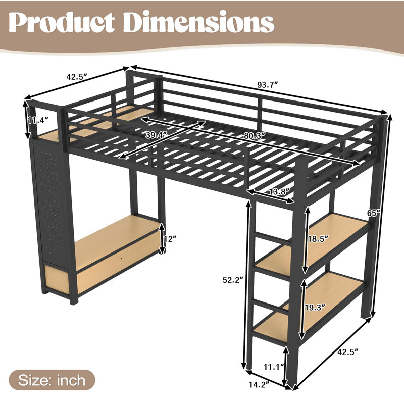 Structure de lit simple simple avec garde-robe, lit mezzanine en métal avec tablettes de rangement et panneau perforé, noir