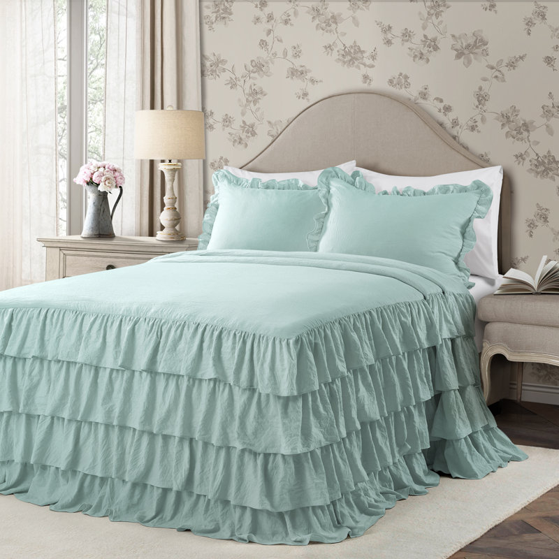 Allison Ruffle Skirt Ruffle Skirt Bedspread Set, Aqua, Queen Bedspread + 2 Standard Shams