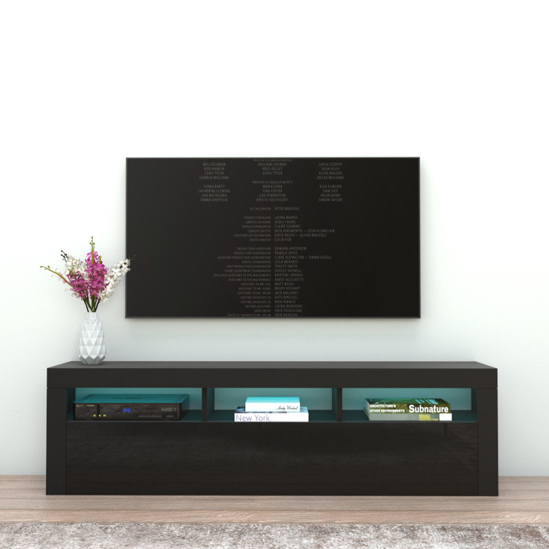 Vesperina Modern TV Stand with 16-Color LED Lighting, High Gloss Finish, Black