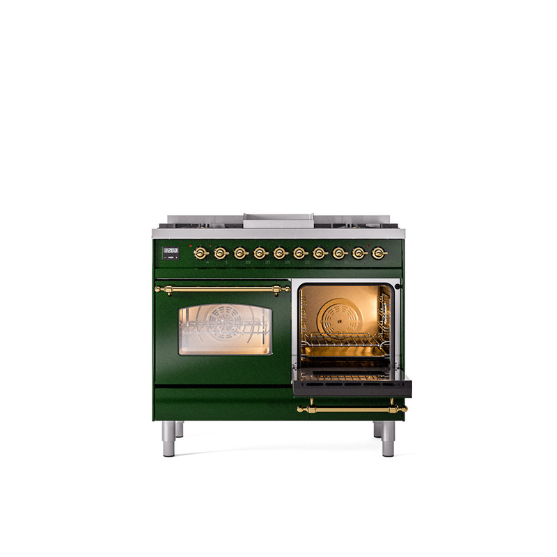 ILVE Nostalgie II 40 in Dual Fuel Range, Emerald Green/Brass, Liquid Propane