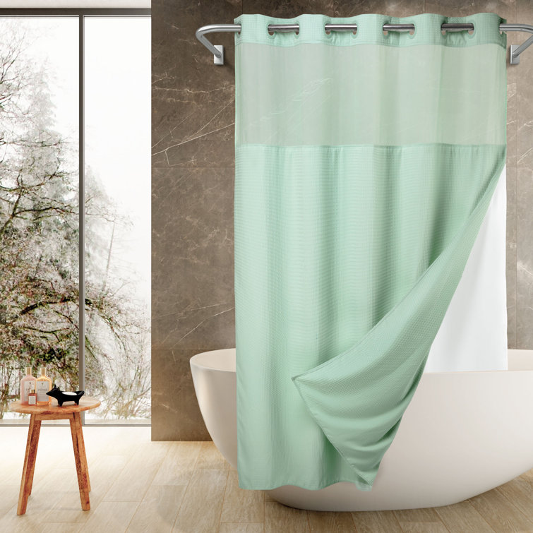 Ramjani Waffle Weave Shower Curtain With Snap in Liner, Sheer Window