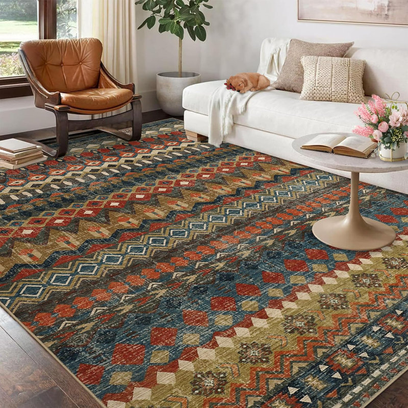 Rug Vintage Distressed Geometric Hallway Carpet Machine Washable Non-Slip Indoor Long Rug Non-Shedding Accent Carpet Beige
