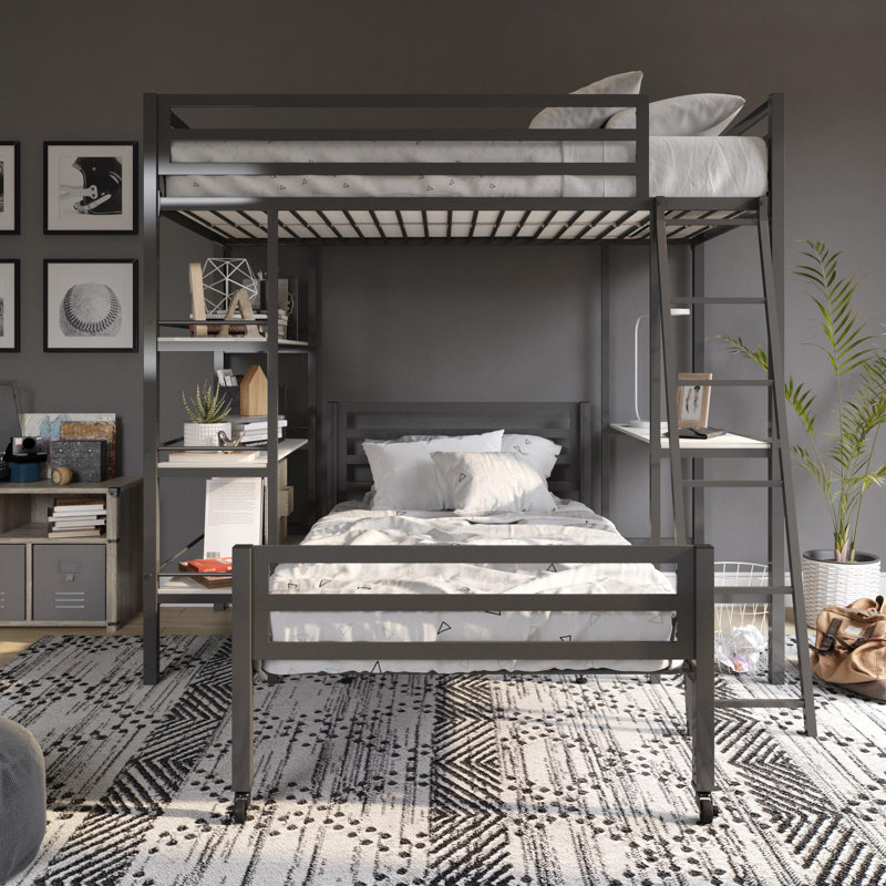Gray Twin Metal Loft Bed with Desk and Shelves