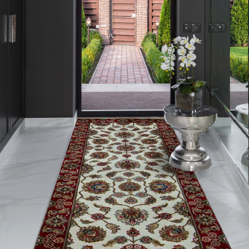 Tapis de couloir unique en laine noué à la main rouge / blanc / brun de 2 pi 7 po x 6 pi 2 po