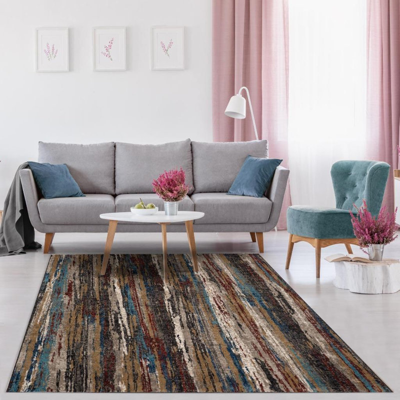 Tapis rayé brun / vert, Rectangle 5 pi x 7 pi