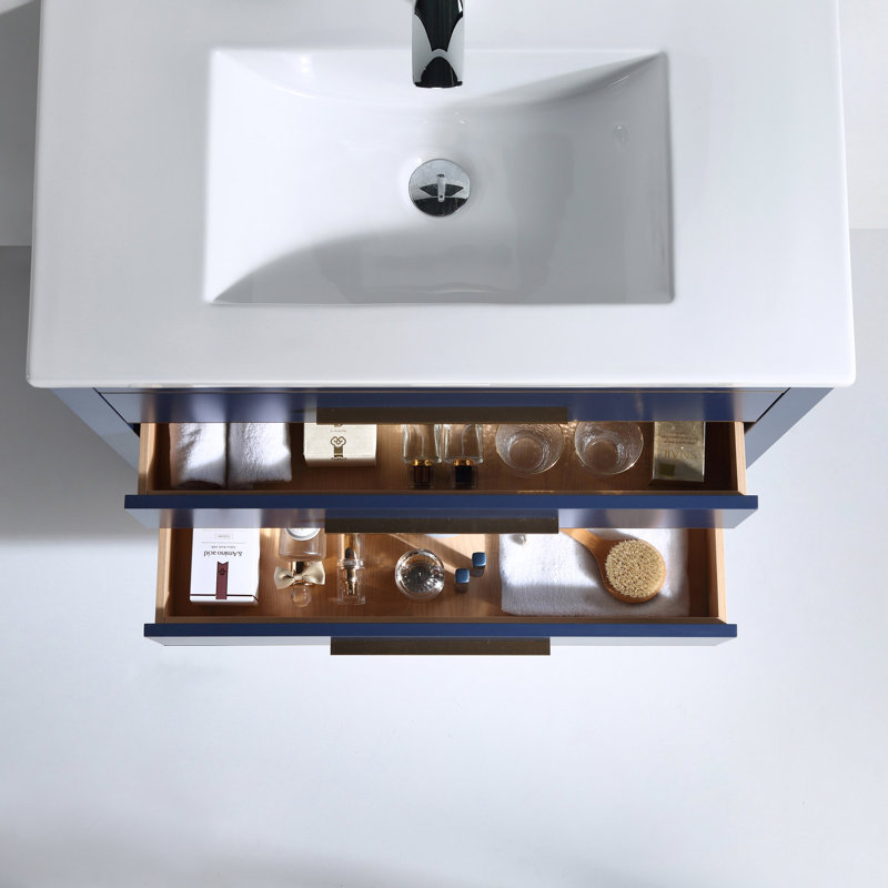 Wonderlin 30'' Single Bathroom Vanity with White Ceramic Top – Soft Close Drawers & Freestanding Design, Blue/Gold
