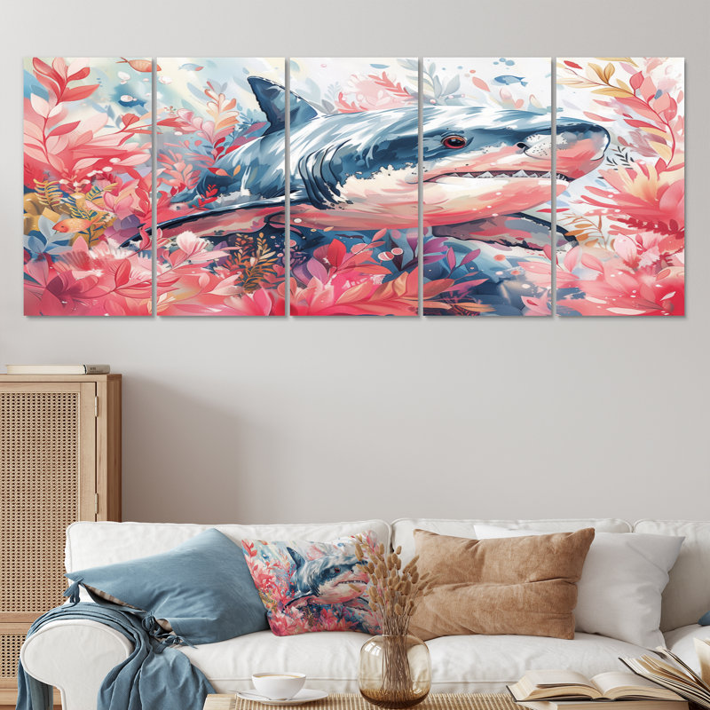«Pink Grey Hunting Shark Watercolor II», ensemble de reproductions d'art mural requin, H 32 po x l 80 po