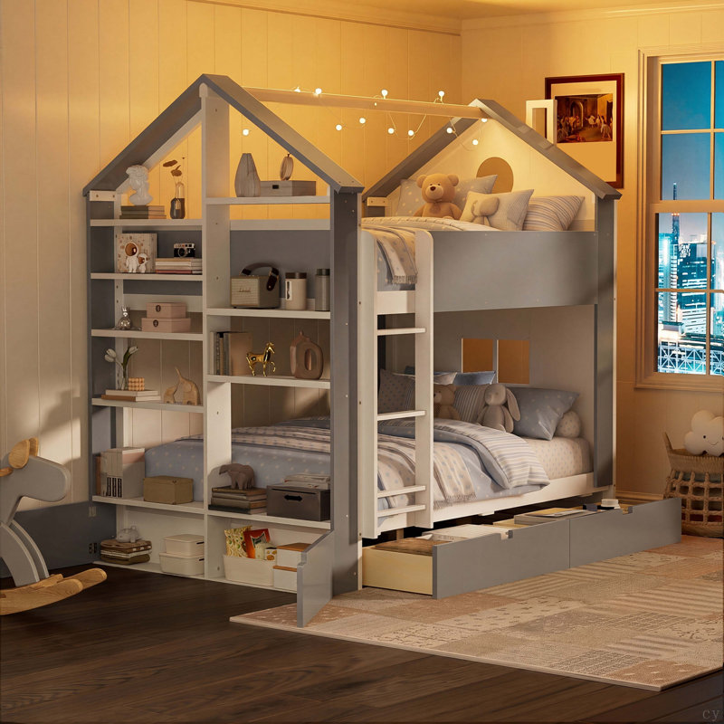 Lit superposé double avec tiroirs et tablettes de rangement, lit superposé moderne en bois à deux tons avec bande lumineuse, mobilier de chambre peu encombrant