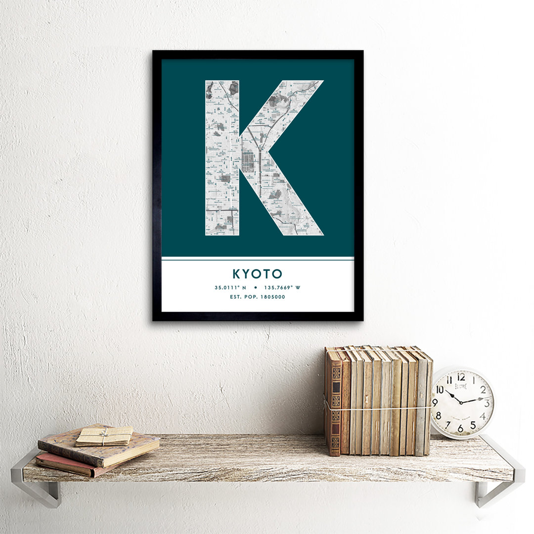 Kyoto City Map Kyoto Teal by Wee Blue Coo - Single Picture Frame Typography