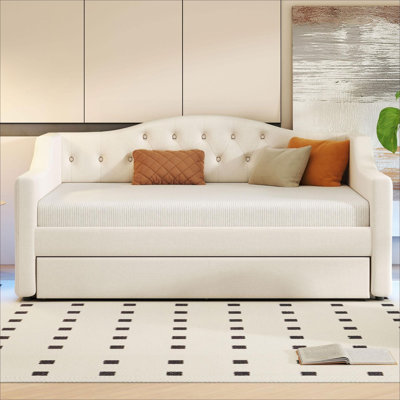 Full XL Size Upholstered Platform Daybed With LED Lighting And Pull-Out Trundle, Warm Beige Solid Wood Frame
