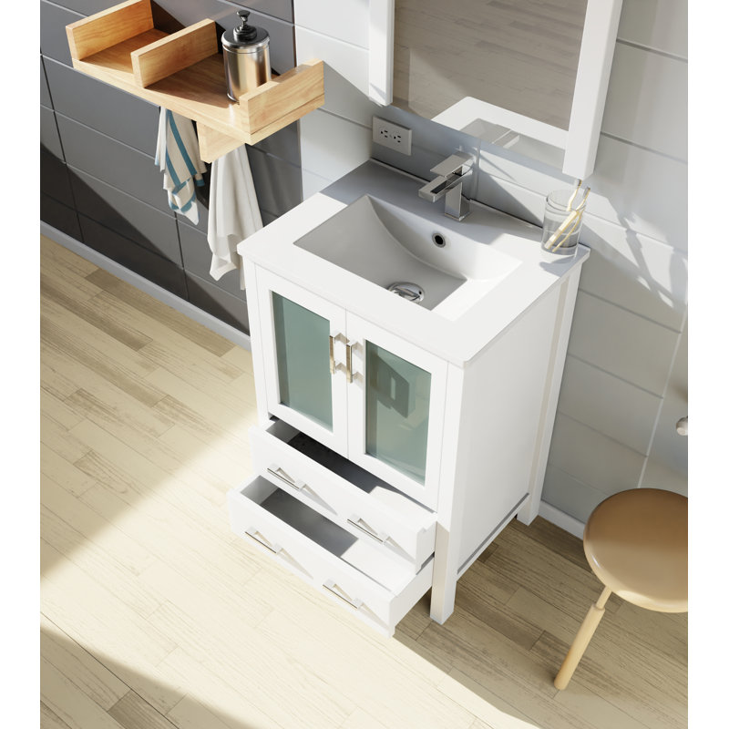 Volez 24 in W x 18.25 in D Single Bath Vanity, White Ceramic Top and Chrome Faucet Set, White