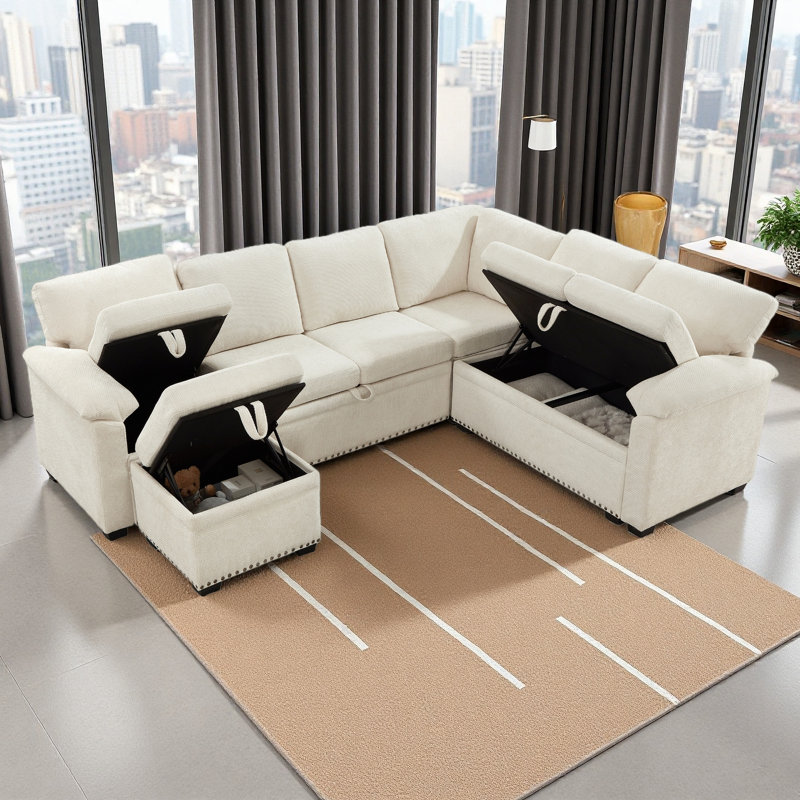 Canapé d'angle modulaire en L 97 po avec siège et repose-pieds de rangement en L 97 po, canapé d'angle en chenille avec 7 sièges et 2 coussins