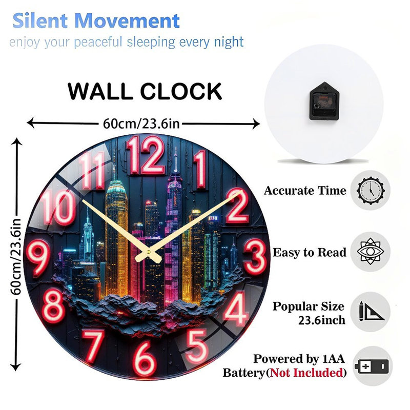 Horloge murale décorative Neon City Skyline - 61 cm (24 po) - Horloge murale moderne en verre