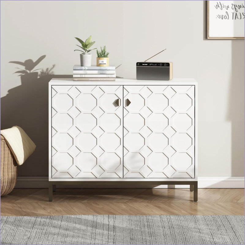 Cabinets, armoire de rangement d'appoint moderne blanc lustré avec tablettes, l 39,76 x P 15,74 x H 31,88 | Blanc cassé | Bois aggloméré + acier