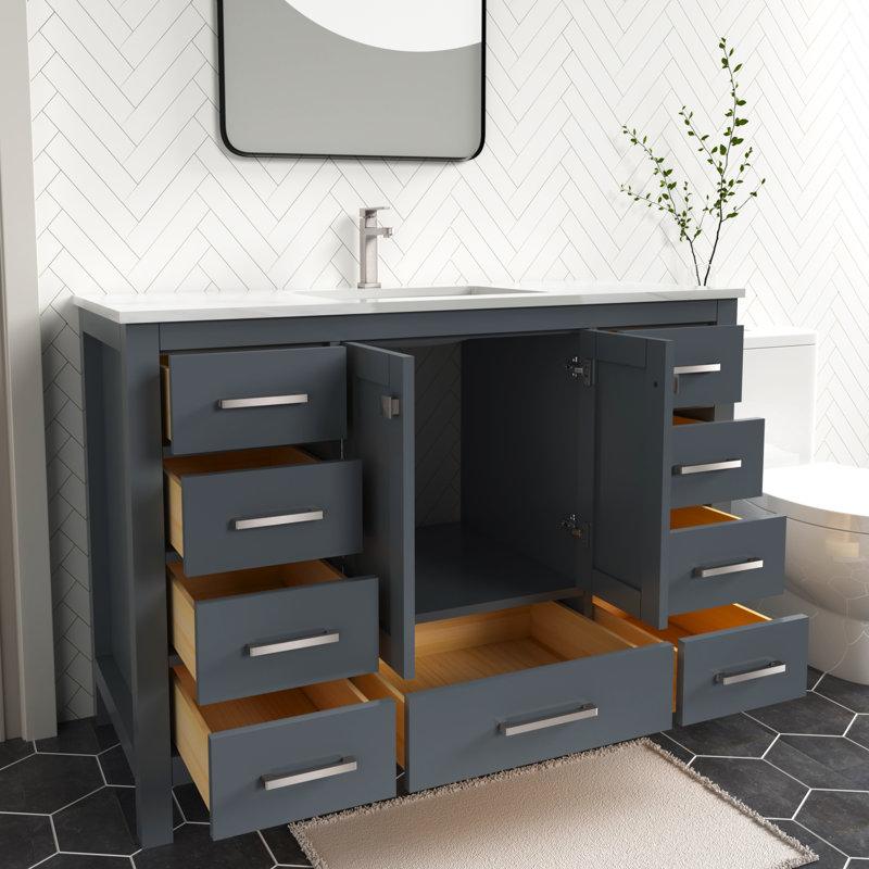Anvay 48 in. Single Sink Freestanding Bath Vanity in Charcoal Gray with Carrara Quartz Top, Charcoal Gray, Quartz White