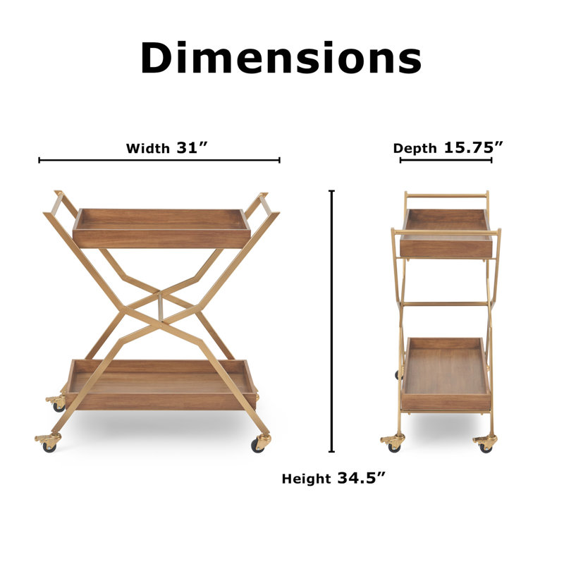 Gold and Walnut Wood 2-Tier Rolling Bar Cart with Storage