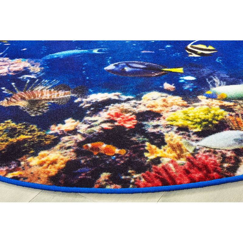 Pixel Perfect Explore the Ocean Photo Printed Tufted Blue/Red/Brown Rug, Round 6'