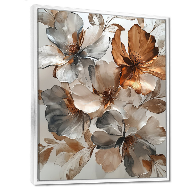 «Lacher Metallic Copper and Chrome Abstract Flowers II» - Décoration murale fleurs, Reproduction avec cadre flottant, Blanc