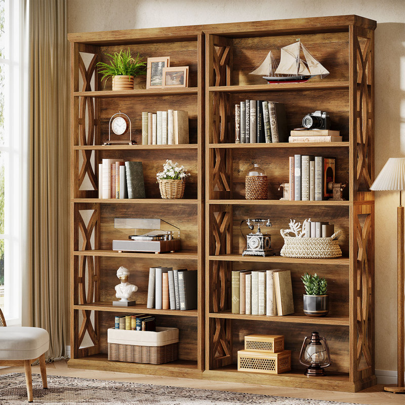 71" Industrial 6-Tier Bookshelf with Decorative Side Panels, Rustic Brown