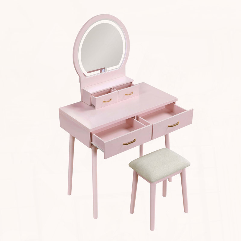 Commode de coiffeuse avec miroir tactile DEL et tiroirs de rangement, Rose