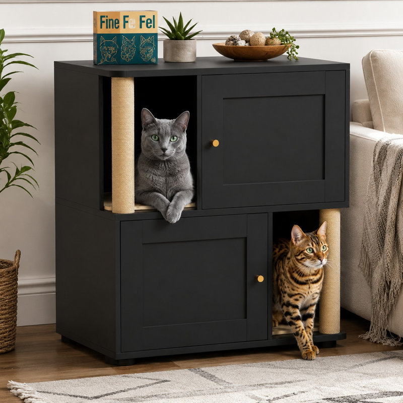 Conçu pour 2 chats, ce meuble en métal noir dissimulant un bac à litière double combine une grande armoire de toilette intérieure pour animaux de compagnie avec un griffoir et un style de table d'appoint.