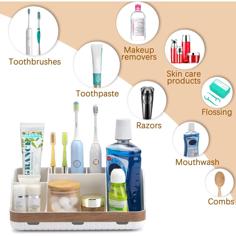 Organisateur de comptoir de salle de bain - Porte-brosse à dents électrique pour enfants à 7 emplacements amovibles et porte-dentifrice avec système d'évacuation pour accessoires de salle de bain, fini bois.