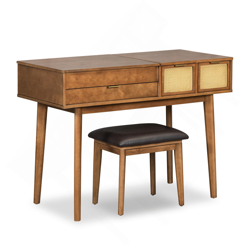 Ensemble coiffeuse 43,3 "en bois avec miroir rabattable et tabouret, coiffeuse avec trois tiroirs et espace de rangement