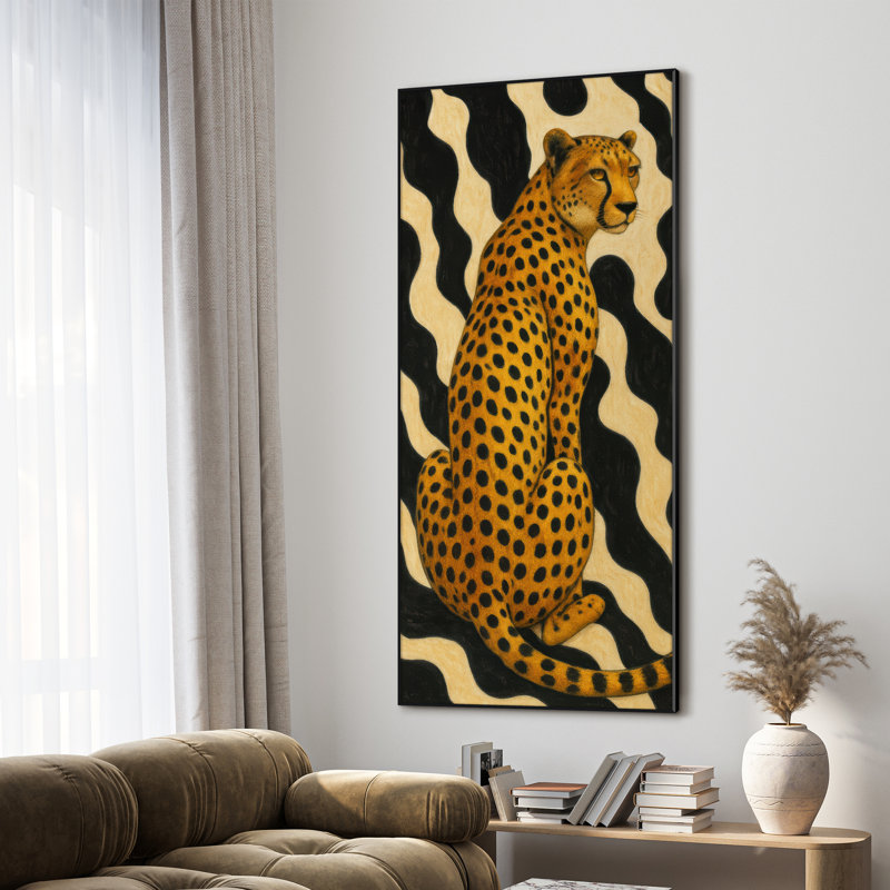 Très grande reproduction d'art sur tissu - Guépard assis contre un motif rétro noir et beige ondulé pour le salon ou la chambre à coucher - «Assemblage requis du cadre (cadre non fini)»