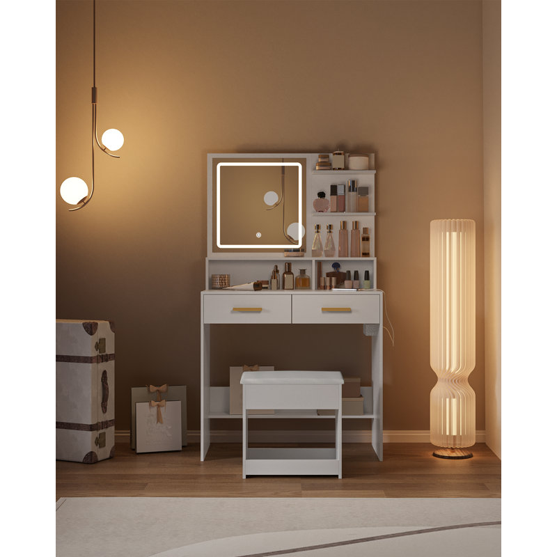 Dressing Table with Adjustable LED Lights, Rechargeable AC Socket and USB Port, Vanity Makeup with Soft Dressing Stool, 2 Drawers, Open Organisers, for Bedroom, Cloakroom