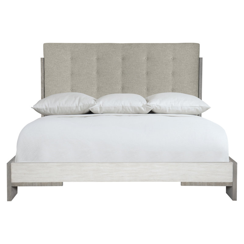 Gray Queen Upholstered Bed with Tufted Linen Headboard