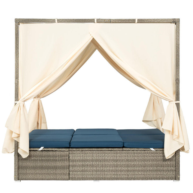Outdoor metal frame rattan weave daybed, Grey, Dark Blue