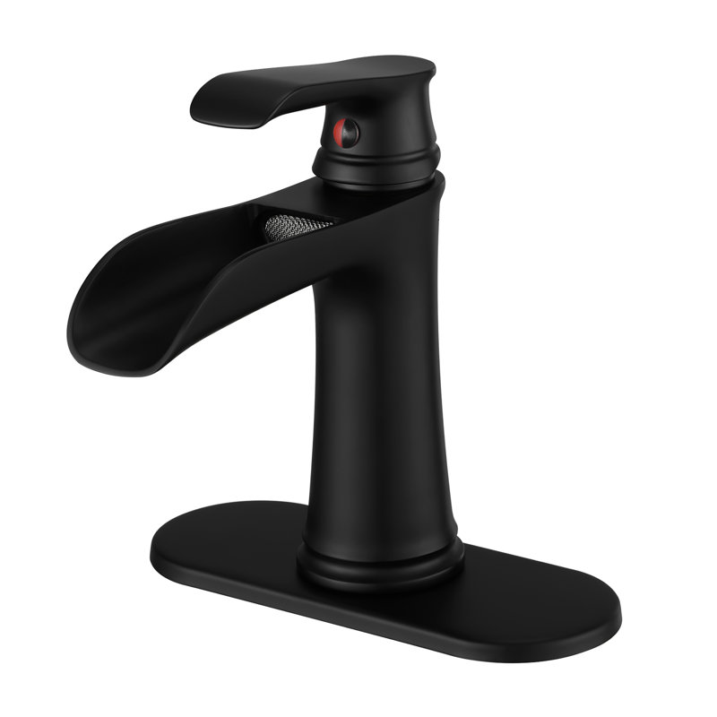 Robinet de salle de bain avec cascade de plate-forme, noir mat, bonde escamotable, conduites d'alimentation, une poignée, conception géométrique, robinet de cascade mat à fonctionnalité latérale, plaque, tuyaux, style simple,