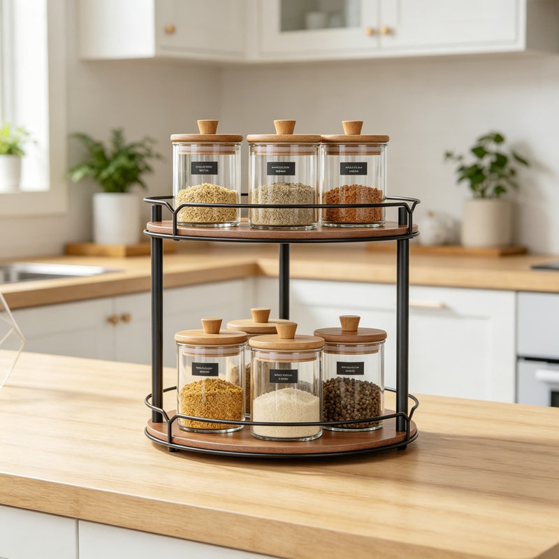 Organisateur 2 étages à plateau tournant, support à épices rotatif en bois pour comptoir de cuisine, garde-manger, meuble-lavabo et table de salle à manger