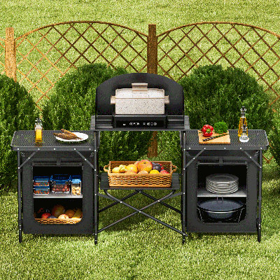 Table de camping pliante avec organisateur de rangement et pare-brise, table de cuisine extérieure pour barbecue pique-nique avec sac de transport
