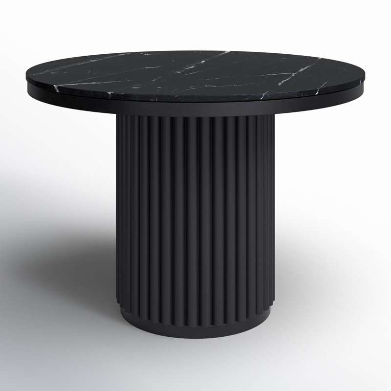 Ione Round Marble Top Metal Base Dining Table, Black Marble/Black