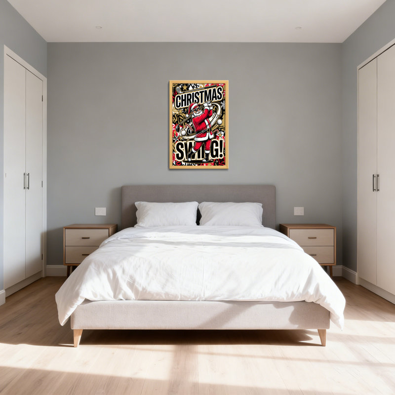 Ensemble de 1 tableau sur toile tendue représentant le père Noël jouant au golf, H 20 po x l 30 po, Noir