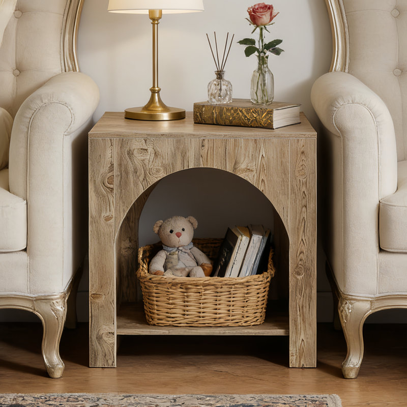 2 Tier Wood End Side Table With Innovative Arched Design, Light Oak