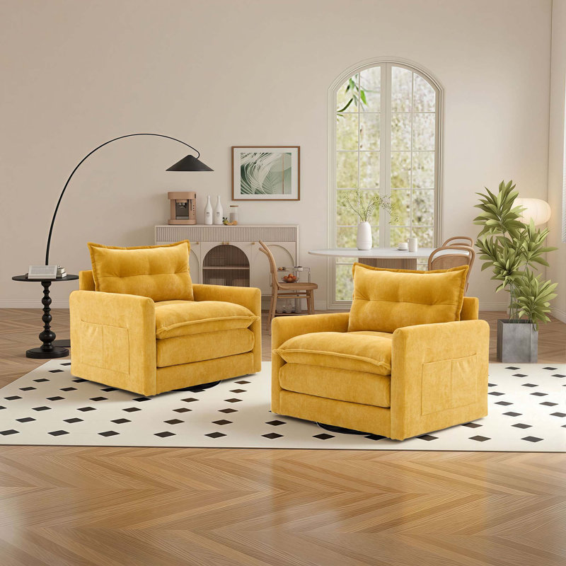 36" Chenille Upholstered Single Swivel Chair, Mustard Yellow
