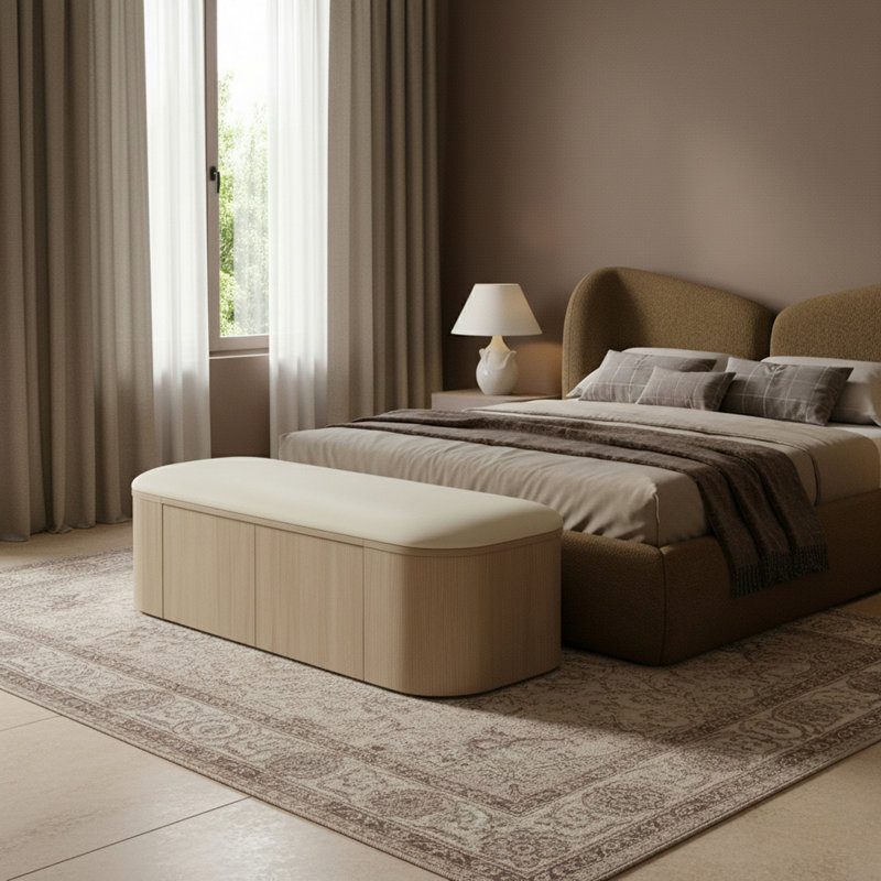 Banc de rangement en cuir Velden, Crème, Naturel