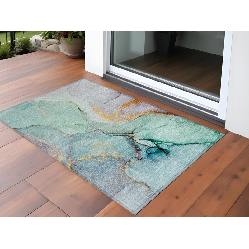 2' X 3' Teal Abstract Washable Non Skid Indoor Outdoor Area Rug