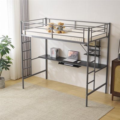 Lit mezzanine simple en métal avec bureau et tablettes de rangement, 2 échelles intégrées