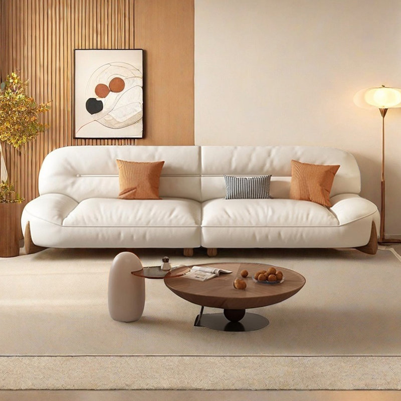 Canapé en cuir moderne minimaliste crème Leather matching, H 30,7 po x l 86,61 po x P 40,15 po, 3