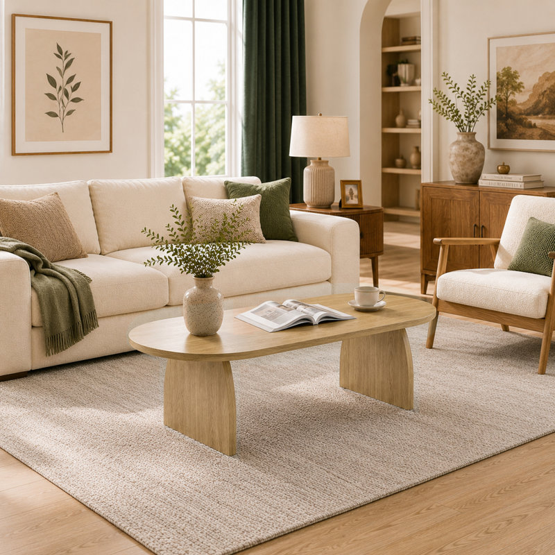 Table basse ovale de 47 po, centre de table moderne en placage de bois massif, Bois naturel