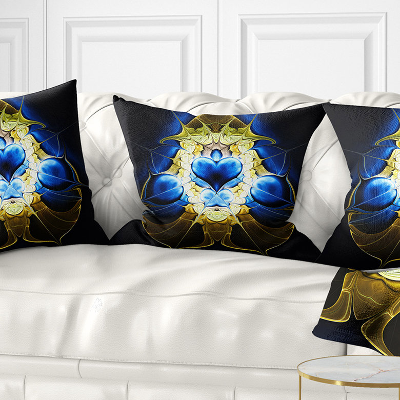 Grand coussin abstrait abstrait symétrique, 18 po x 18 po, Bleu / doré, Carré