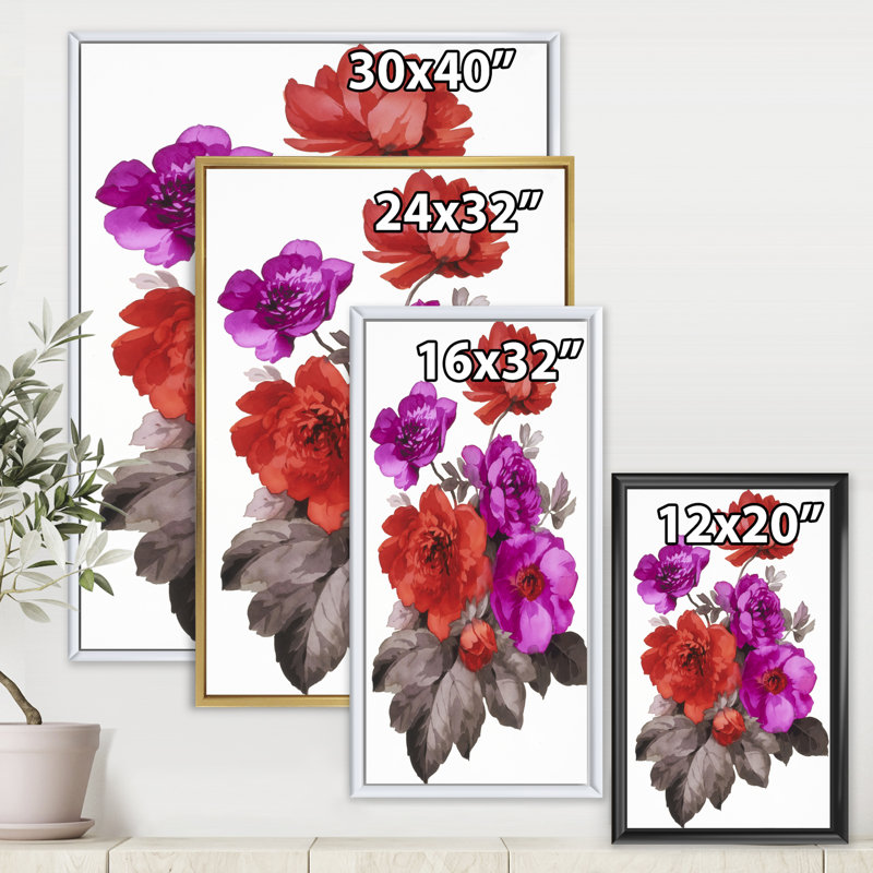 Fleurs rouges et fuchsia - Peinture sur toile, H 32 po x l 16 po x P 1 po, Cadre flottant blanc