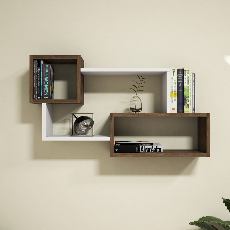 Modern Wall Shelf, White & Walnut Finish, 35.7 x 20.1 x 7.9 inches | 100% Melamine Coated Particle Board, Thickness: 0.7 inches | Stylish & Functional Storage Solution for Home & Office, Easy Wall Mounting