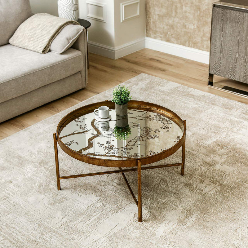 Aldene 80cm Round Metal Coffee Table for Living Room, Mirror Top Centre Table, Gold