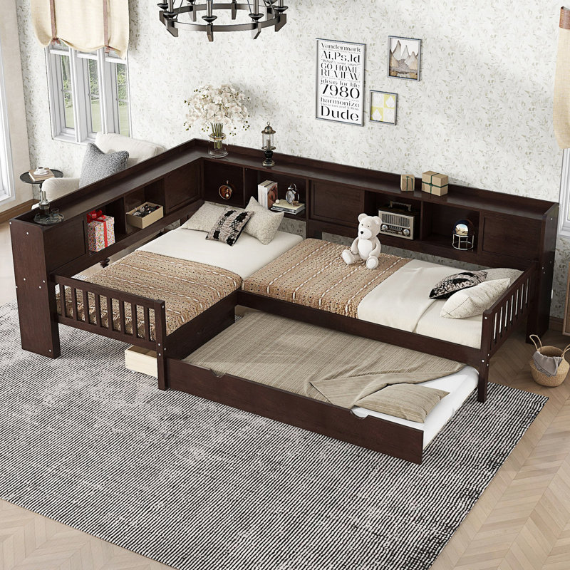 Lit plateforme en L simple avec lit gigogne, lit plateforme avec tiroirs de rangement et tablettes, Espresso