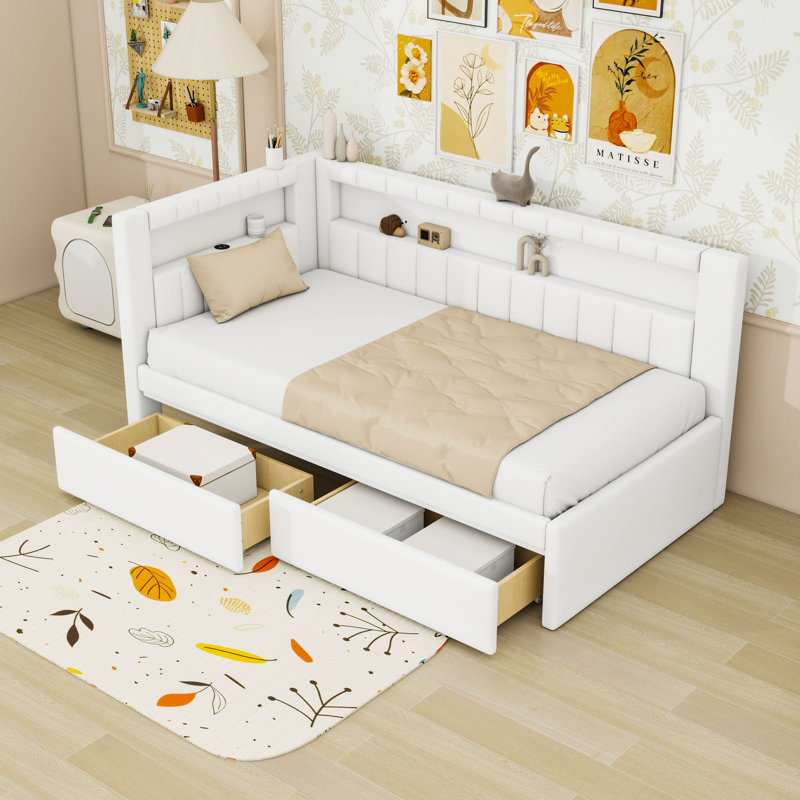 Twin Size Upholstered Daybed with USB Ports and LED Lighting, White